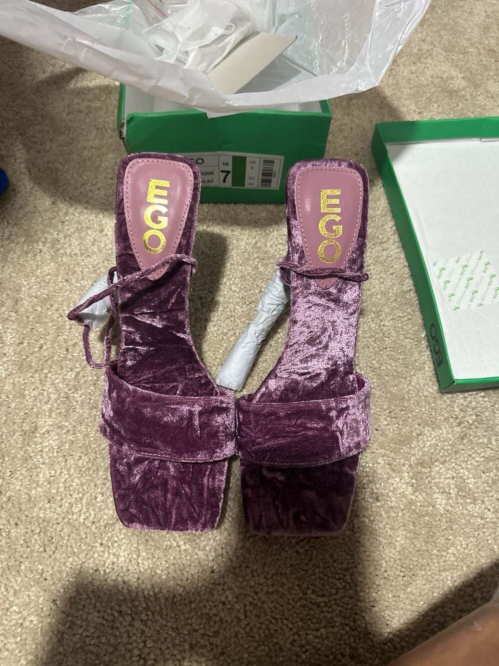 EGO Tribute To Velvet Lilac Lace Up Stiletto Heels